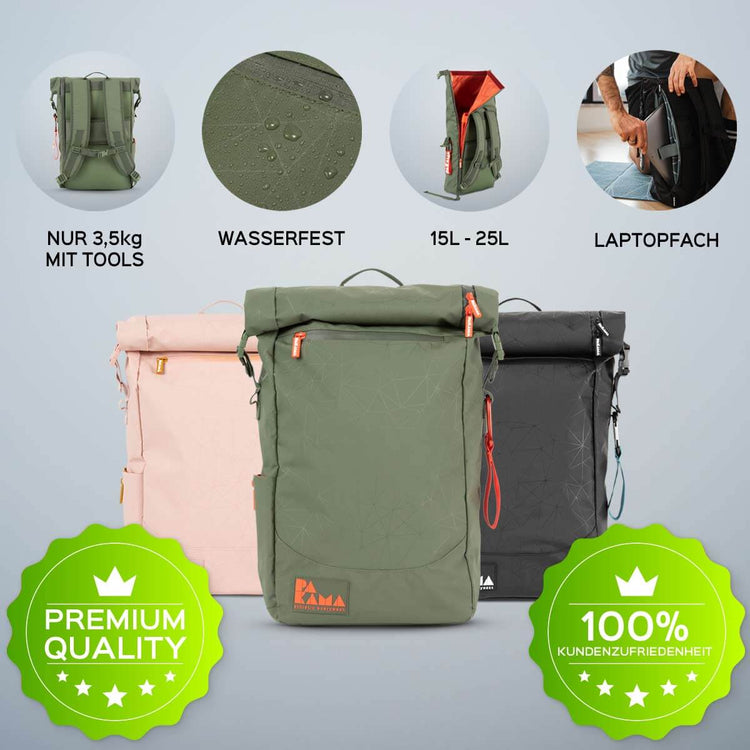 PAKAMA- fitnessrucksack-gruen-3,5 kg-wasserfest-25 liter-laptopfach