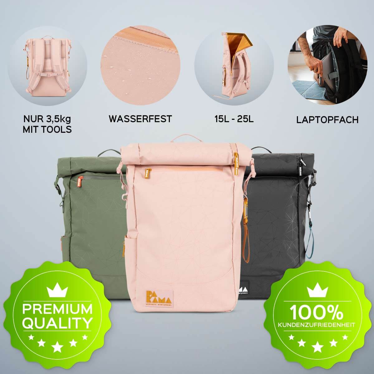 PAKAMA-fitnessrucksack-pink-3,5 kg-wasserfest-25 liter-laptopfach