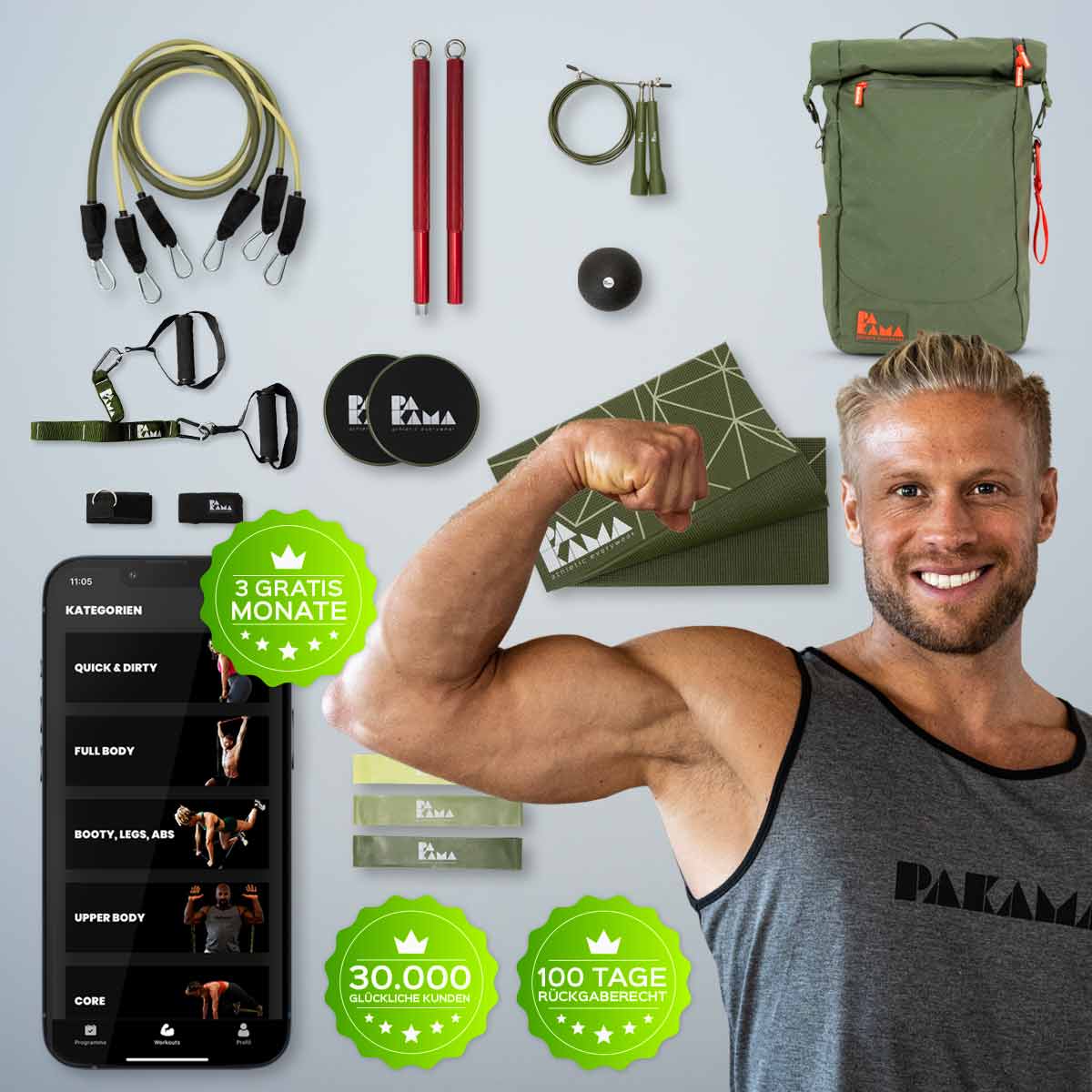 PAKAMA- fitnessrucksack-gruen-front-equipment-app 3 monate-coach
