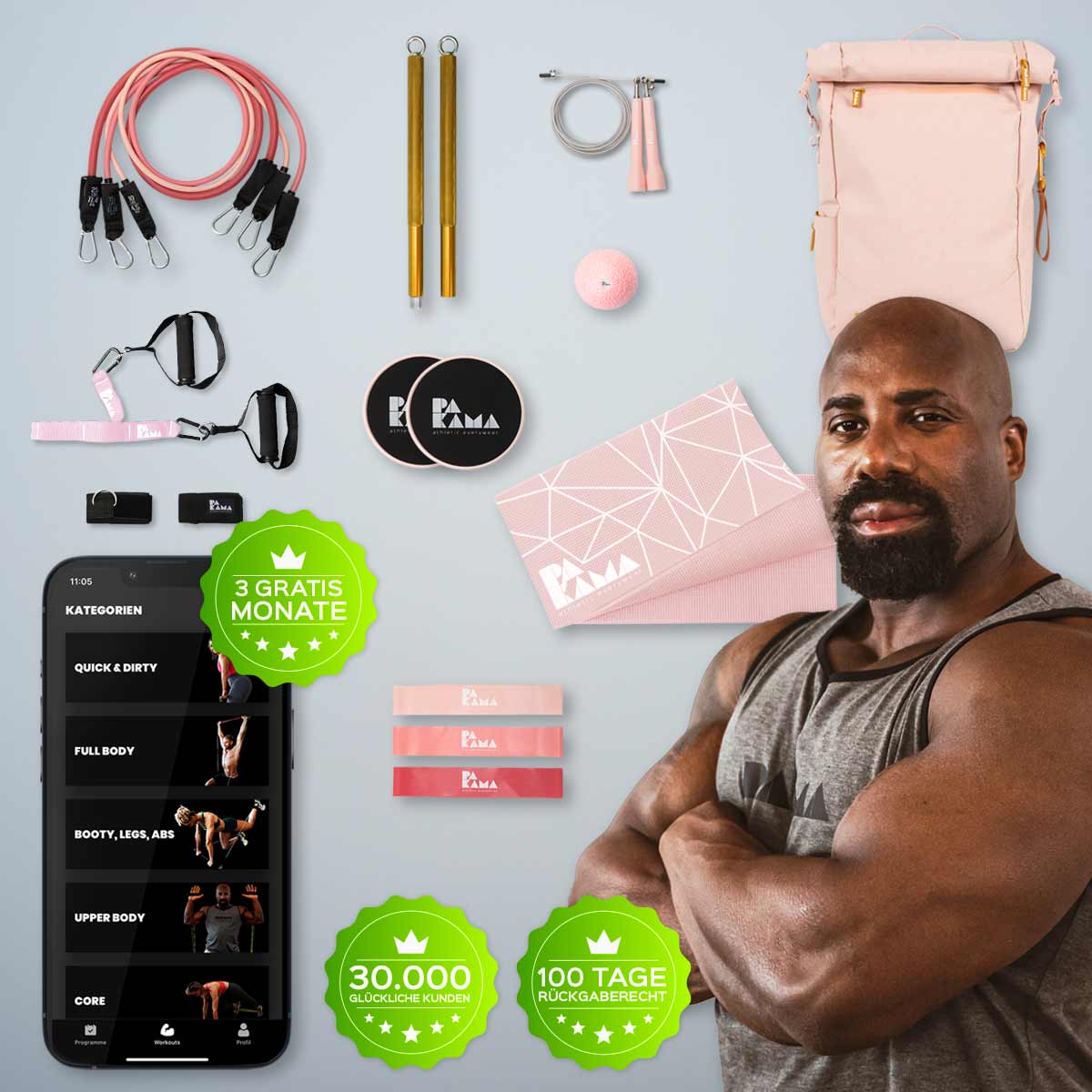 PAKAMA- fitnessrucksack-pink-front-equipment-app 3 monate-coach