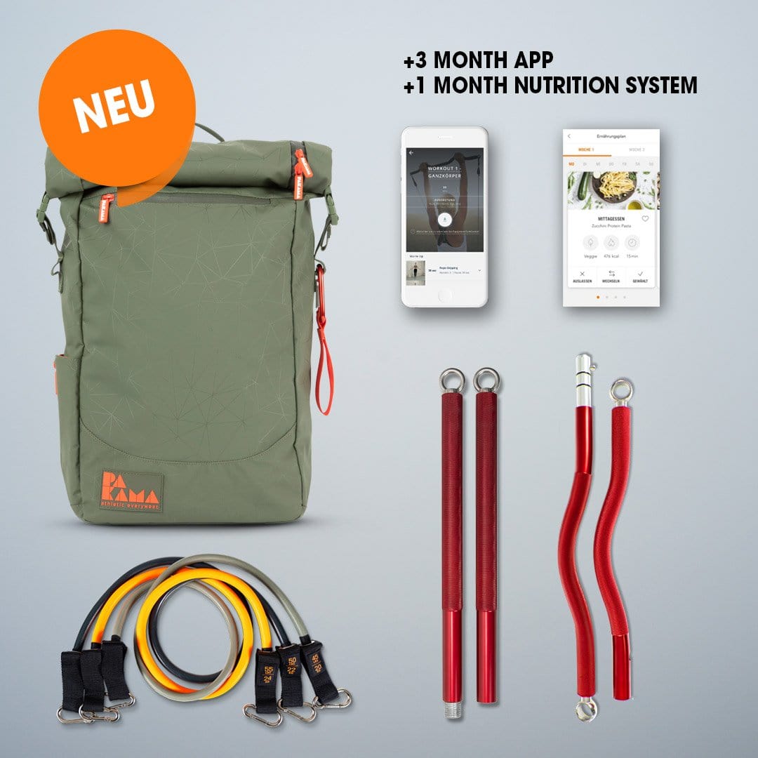 PAKAMA Bag 2.0 XXL + SZ Bar + Bands + Nutrition System 1 Monat GOTHAM Green 2 Bars  + Extreme Bands PAKAMA athletics