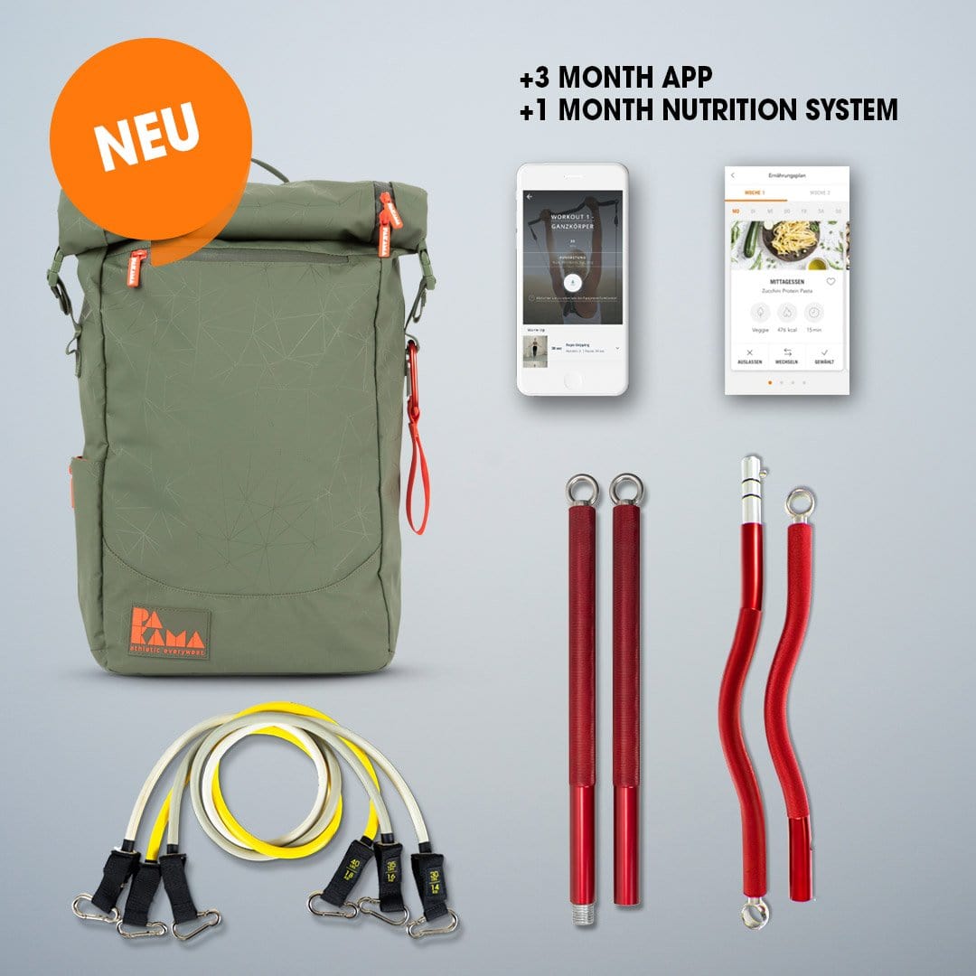 PAKAMA Bag 2.0 XXL + SZ Bar + Bands + Nutrition System 1 Monat GOTHAM Green 2 Bars  + Heavy Bands PAKAMA athletics