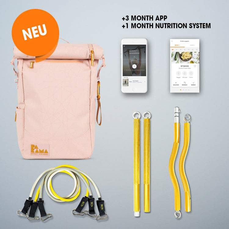 PAKAMA Bag 2.0 XXL + SZ Bar + Bands + Nutrition System 1 Monat PARIS Pink 2 Bars  + Heavy Bands PAKAMA athletics